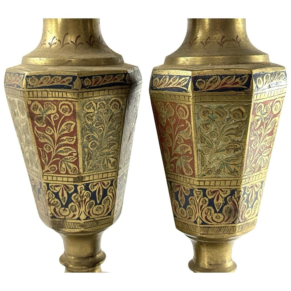 Vintage Indian Brass Enamel Vases 9.5” Pair Hand Etched Floral Boho - Picture 7 of 8